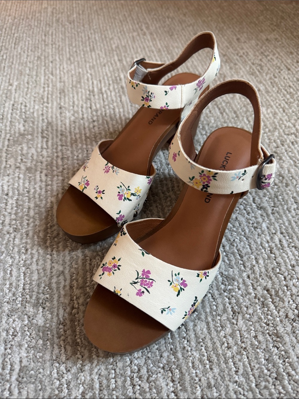 Lucky Brand Cream Floral Wedge Sandals with Ankle Strap